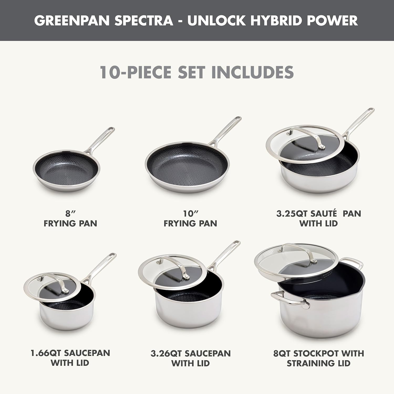 GreenPan Spectra 11 Piece Cookware Set,Hybrid Tri-Ply Stainless Steel, PFAS-Free Ceramic Nonstick Textured Cooking Surface,Induction Pots & Pans with Lids, Dishwasher Safe,Oven & Broiler Temp to 850˚F